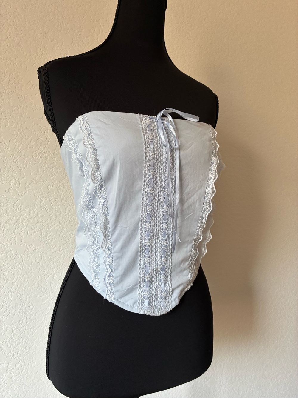 NWT Baby Blue Lace Trim Strapless Corset Top Coquette Girly Whimsigoth